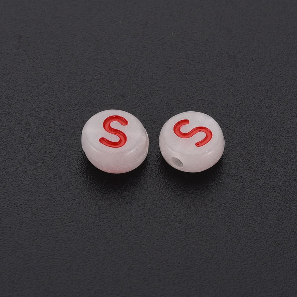 Acrylic Beads Glow in the Dark with Enamel and Luminous Horizontal Hole Flat Round with Alphabet Letter.S 6.5x7x4mm Hole: 1.6mm 3600pcs/500g