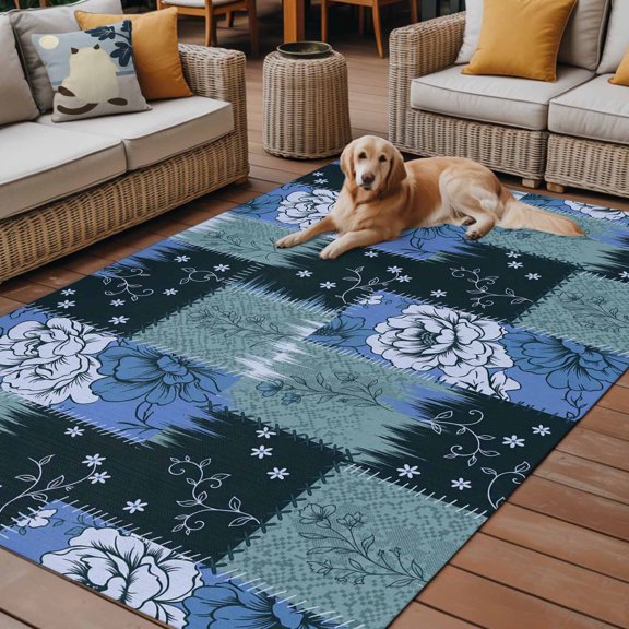 Outdoor Rug, Watercolor Flowers Rose Indoor Area Rug Outdoor Carpet RV Camping Rugs 6x9ft Black Blue Green Plaid Outside Mat for Patio Picnic Porch Deck Balcony Backyard