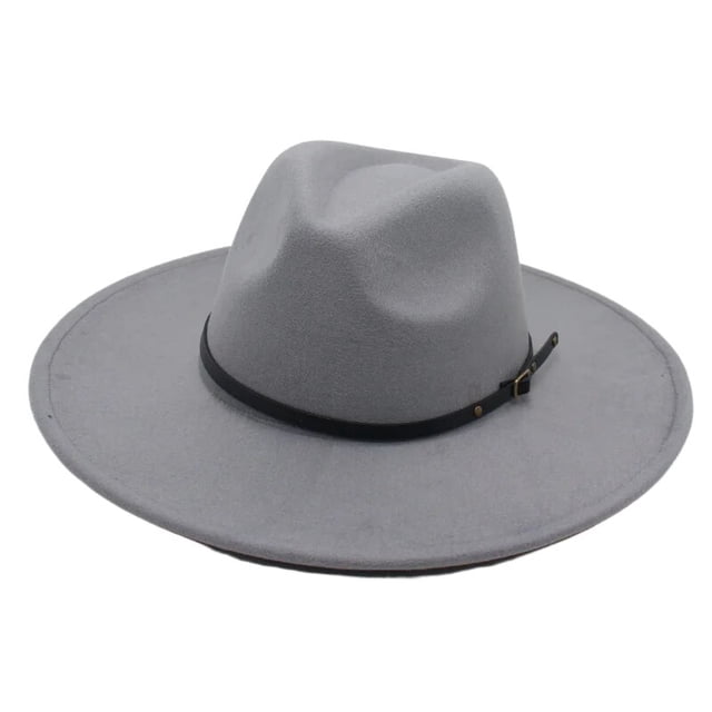 sombrero fedora de ala ancha para hombre y mujer, sombrero de fieltro con cinta, estilo retro, trilby, clásico, color negro, para invierno y otoño, 9,5 cm Vista frontal centrada de fedora con ala de 9.5 cm en gris claro, copa cónica con hendidura superior, banda delgada negra tipo correa con hebilla metálica, textura de fieltro visible y borde cosido; fondo blanco, circunferencia ajustable 57–60 cm; también adecuado para eventos al aire libre y looks retro.