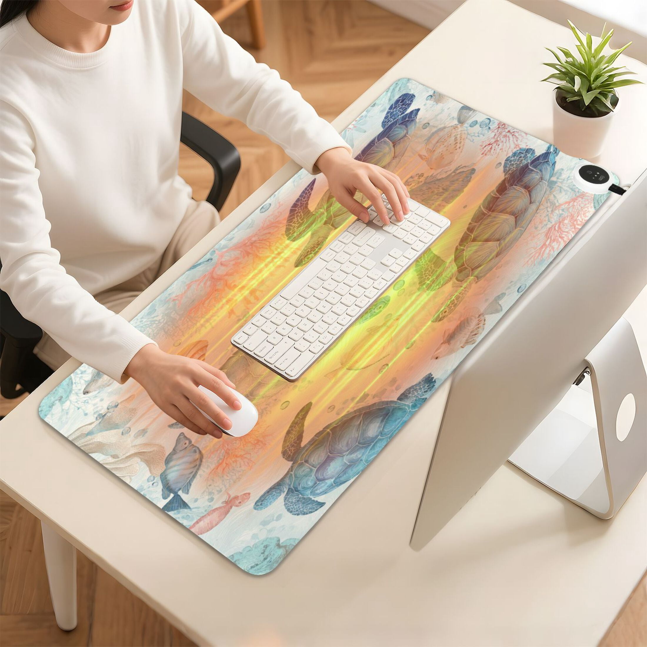 Large Heated Desk Mat Mouse Pad 31.5"x13"PU Leather Graphene Heating Desk Warmer with 3 Temperature Settings 110V US Plug Non-Slip Warm Pad for Home, Office, and Gaming Deep Green Sea Turtles
