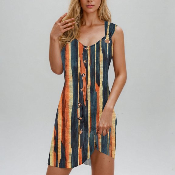 pstuiky Bathing Suit Cover up for Women, Women Spring Summer Vintage Print Button V-Neck Strap Top Dress Casual Vacation Outfit Sleeveless Flowy Cover Dress for Women Gray L