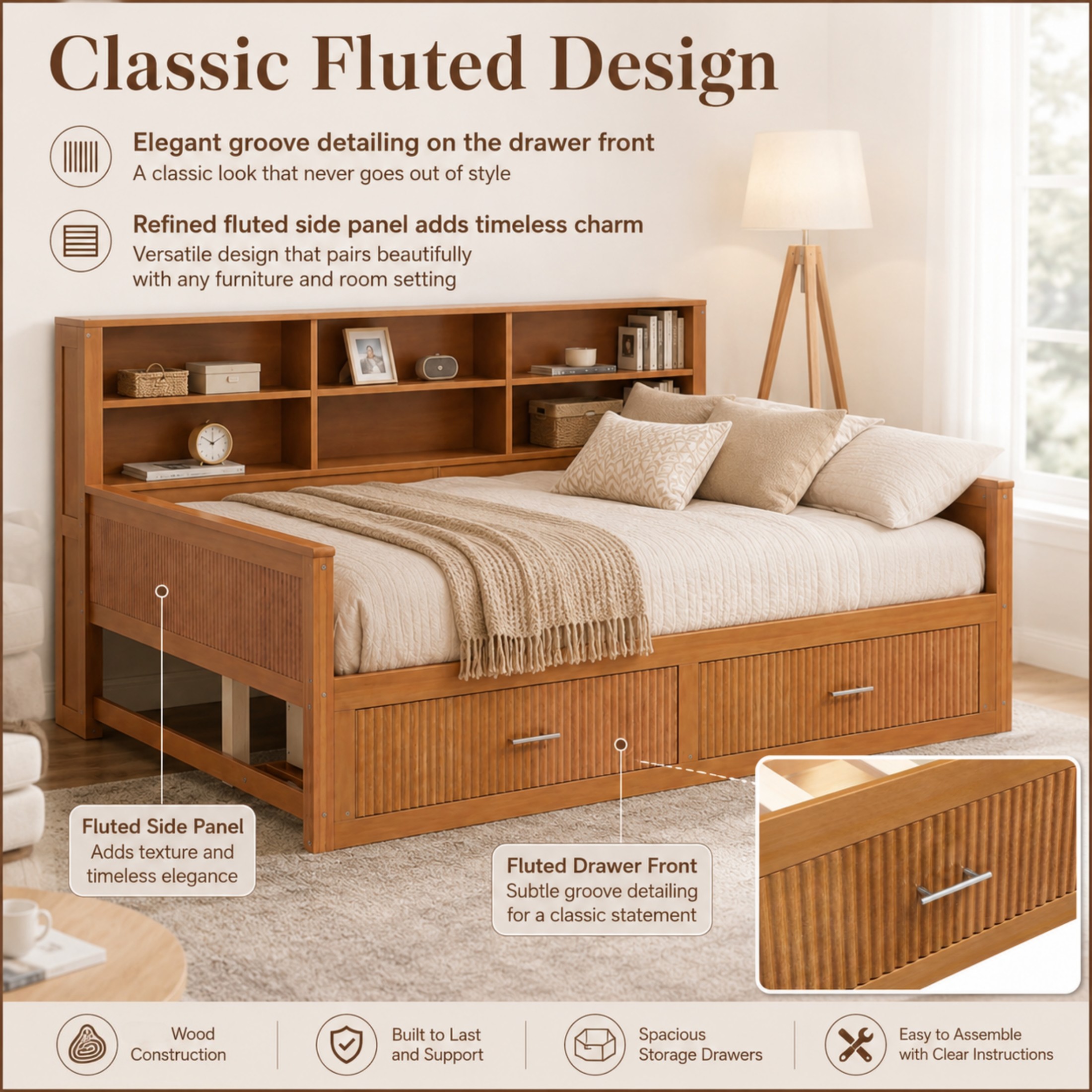 GDF Studio Josha Full-Size Wooden Daybed with Bookcase Headboard, Storage Drawers & Built-In Charging Station, Walnut