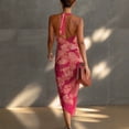 thumbnail image 2 of 2026 New Women's Hot Pink Floral Halter Slip Midi Dress Cowl Neck Ruched High Slit Bodycon Party Dress, 2 of 5