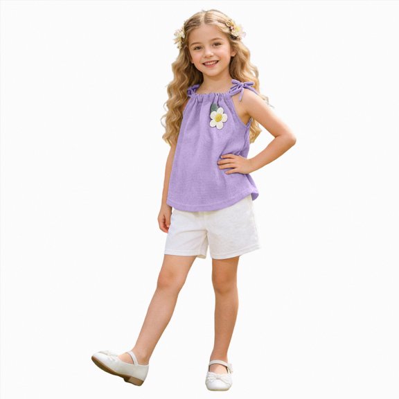 CAICJ98 Girls Short Sets Cute Floral Tank & Elastic Waist Shorts 2PCS Trendy Sleeveless Cami Tops Kids Toddler Baby Spring Summer Outfits (Purple,3-4 Years)