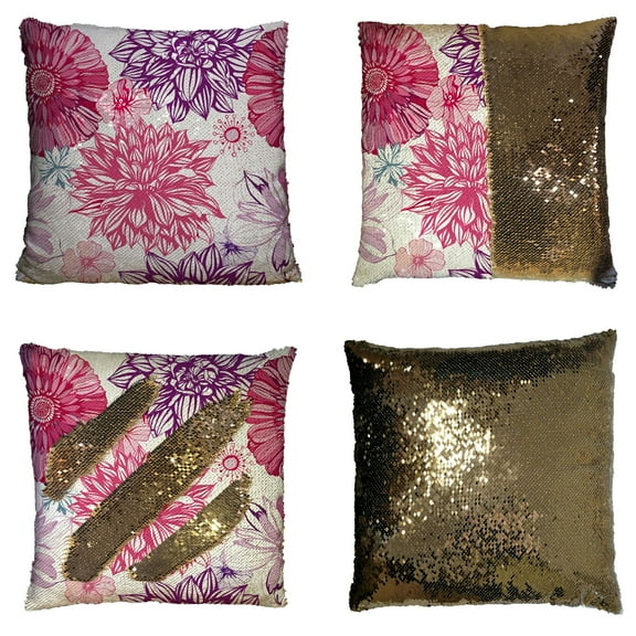 ZKGK Dahlia Floral Pattern Reversible Mermaid Sequin Pillow Case 16x16 inches
