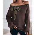 thumbnail image 4 of Female Bows Sweater Off the Shoulder Pullover Sweaters Oversized Long Sleeve V Neck Knit Tops Brown L, 4 of 10