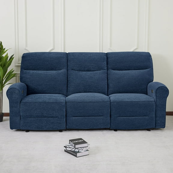 MCombo 87.8" Wall Hugger Power Reclining Sofa with Drop Down Table, 3-Seater Recliner Couch for Small Spaces Living Room RV, USB Ports, Fabric (Navy Blue)