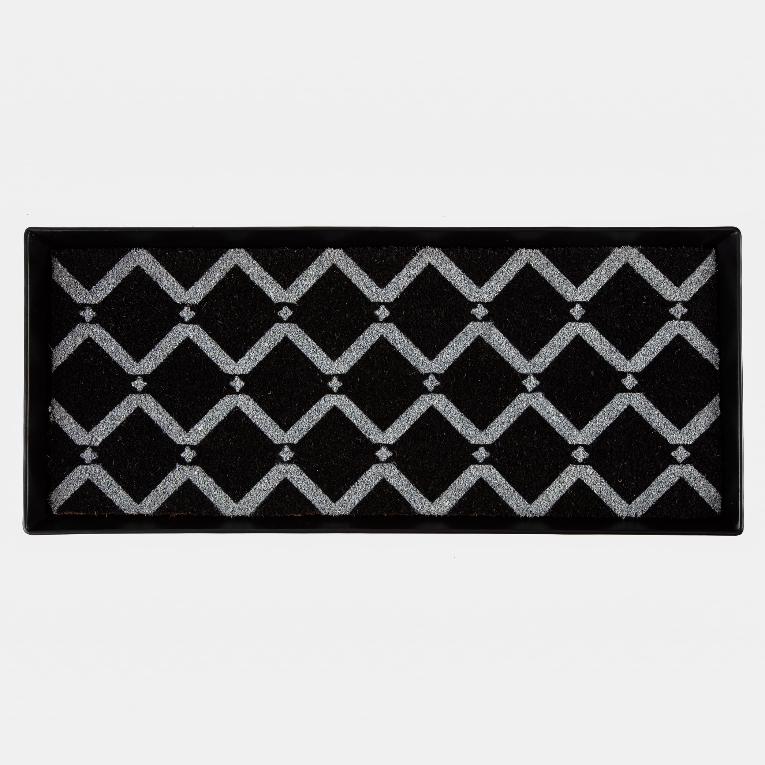 Black Metal Boot Tray with Black & Ivory Diamond Coir Insert
