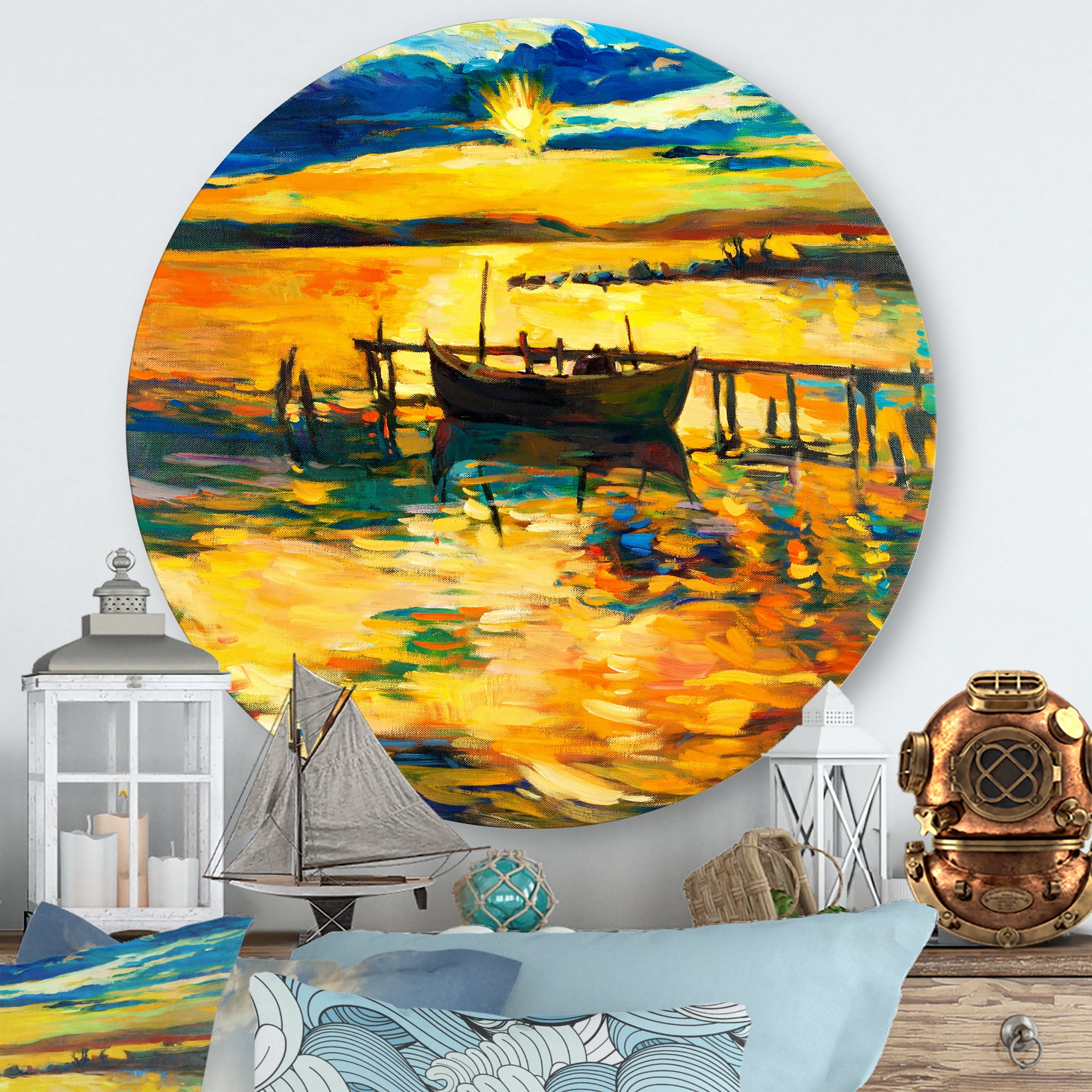 Boat At The Lake During Evening Glow VI 11 in x 11 in Painting Art Prints, by Designart