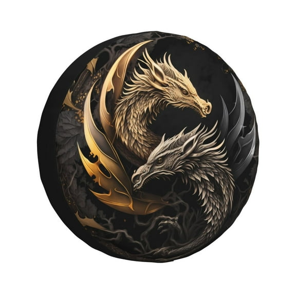 Fuzoiu Vintage Metal Dragon Print Universal Spare Tire Cover with Buckle Strap, Waterproof Wheel Covers for Jeep, Trailer, RV, Truck and All Car-14 inch