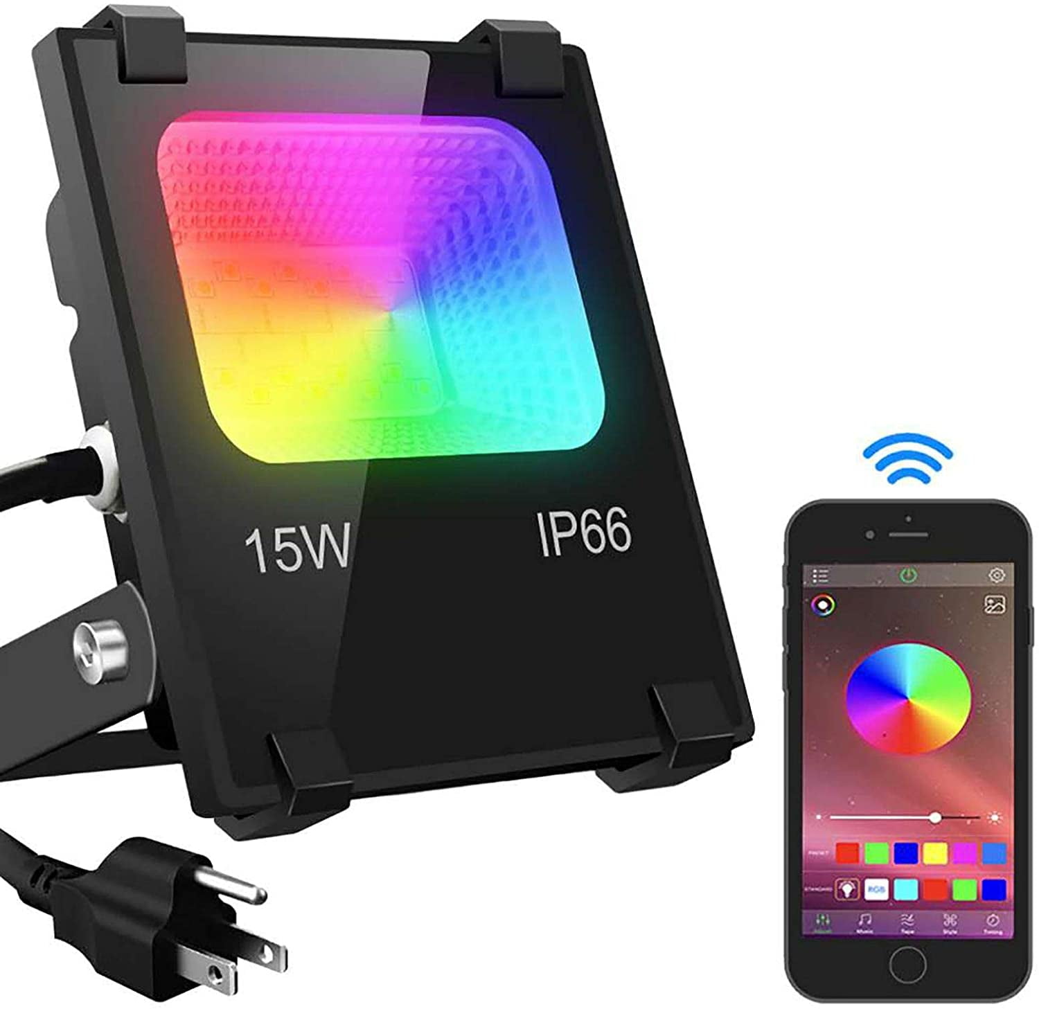 Grouping Bluetooth Smart Floodlights RGBW 2700K Warm White & 16 Million Colors Timing 2 Pack LED Flood Light Outdoor 20 Modes IP66 Waterproof 15W RGB Color Changing Controlled by Phone 