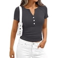 thumbnail image 5 of Dwellite Women's Short Sleeve Tops Ribbed Henley Button Up Shirt Slim Fitted Basic Casual Blouse Spring 2026 Dark Gray 2XL, 5 of 6