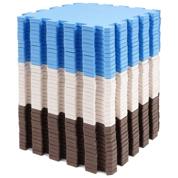 BalanceFrom 16-Pack 12”x12” Interlocking Puzzle Play Mat, 0.4” Thick, Blue/Brown/Beige