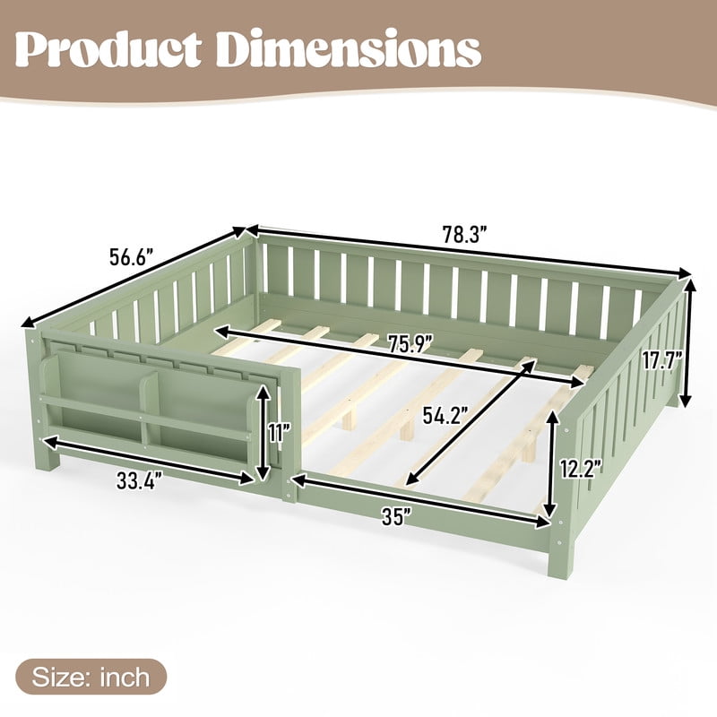 URTR Full Size Montessori Floor Bed with Storage Bookshelf and High-Quality Safety Guardrail, Wooden Full Floor Bed Frame, Wooden Platform Bed, Low Profile Full Bed with Fence and Headboard, Green
