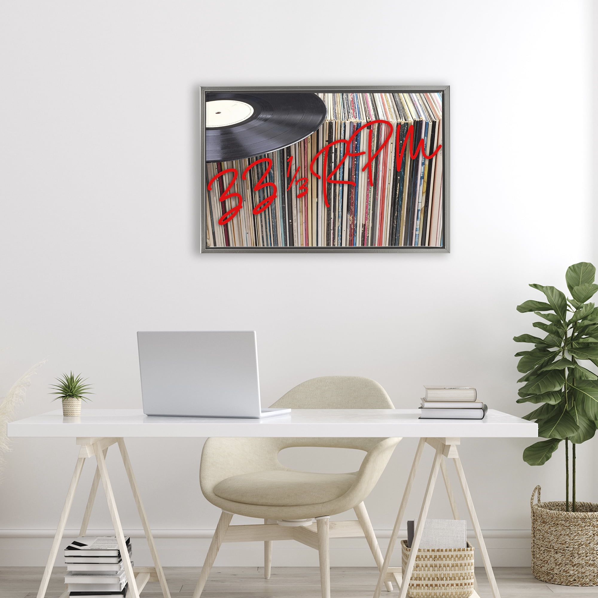 Stupell Industries Vinyl Record Stack Collection Gray Framed Floater Canvas Wall Art, design by Lil' Rue