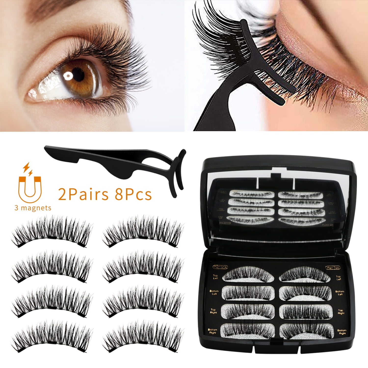 Allnice 2 Magnetic Eyelashes Dual Magnets False Eyelashes Reusable 3D No Glue 3 Fake Lashes Extension with for Women Makeup, 8 Pieces -