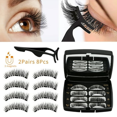 Allnice 2 Pairs Magnetic Eyelashes Dual Magnets False Eyelashes Reusable 3D No Glue 3 Fake Lashes Extension with Tweezers for Women Makeup, 8 Pieces