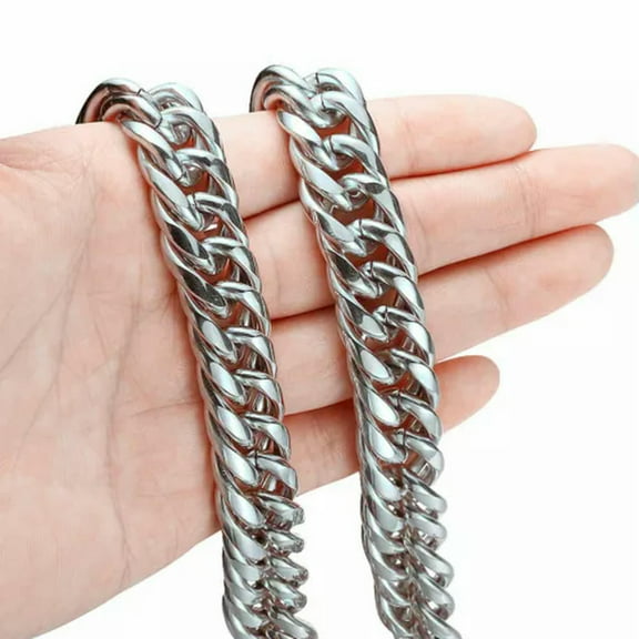 QQTDFG Fashion 9/11/13/16/20/22mm Curb Cuban Link Chain Stainless Steel Mens Necklace-Silver-13mm-38inch or 96cm