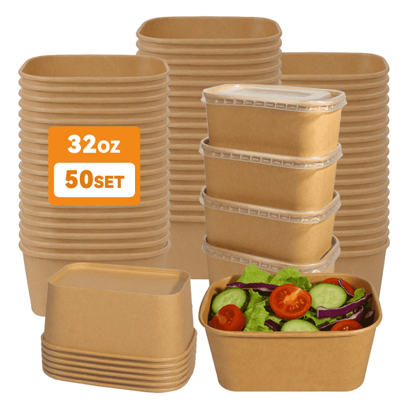 Cafemira 50 Pack Paper Food Container with Lids, 32 Oz Rectangular Salad Bowls, Deep Meal Prep Take Out Food Containers for Salad, Soup, Snacks, Desserts