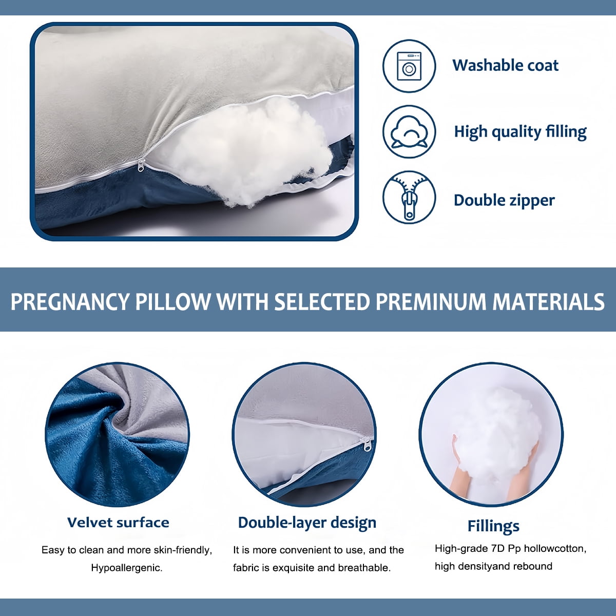 Supportive Ergonomic J-Shape Polyester Maternity Pillow for Multi-Position Sleeper, Blue-Gray