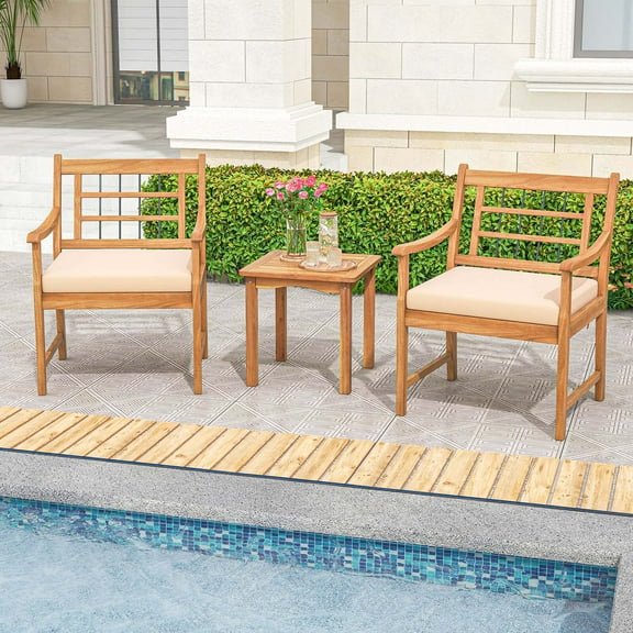 Costway 3 Pieces Acacia Wood Patio Bistro Set Outdoor Conversation Set with Cushions Off White