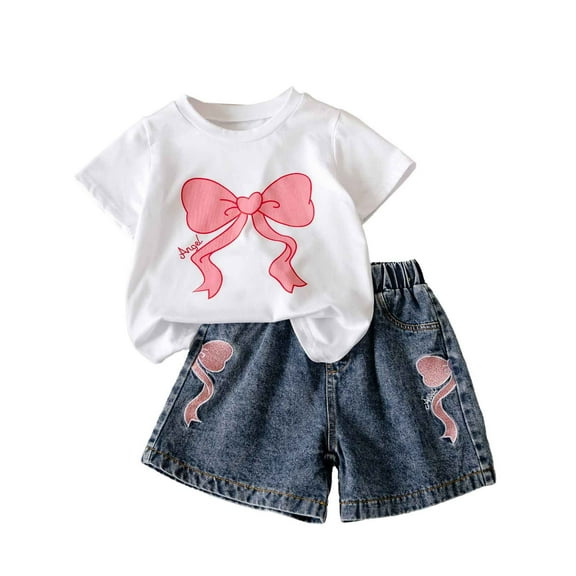 MEZZALL Summer Toddler Girls Short Sleeve Bowknot Prints T-Shirt Tops Denim Shorts Outfits Breathable Baby Wear