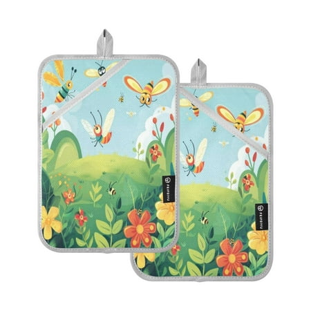 

Two Pieces Of Square Heat Insulation Pad Oven Mitts 7x9.8 Inch Oven Microwave Kitchen Cooking Baking Red Flowers and Yellow Bees