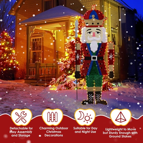 66.1" Lighted Nutcracker Christmas Decoration, 162 Warm White LEDs, Sparkling Tinsel, Collapsible Design for Indoor, Outdoor Use