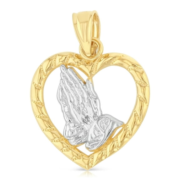 Ioka-14K Two Tone Gold Religious Praying Hands in Heart Charm Pendant For Necklace or Chain