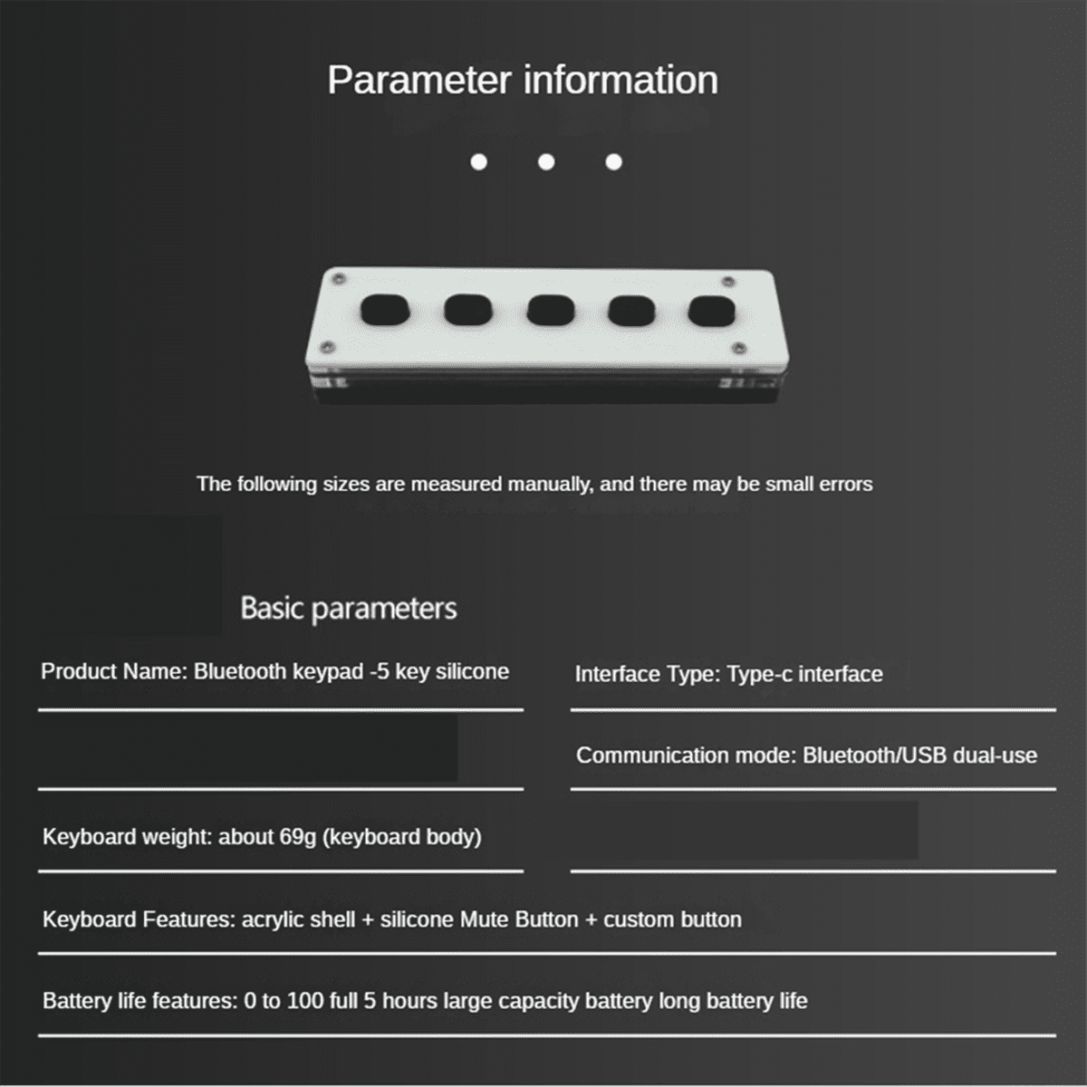 Silent Silicone Bluetooth Custom Programming Macro Keyboard 5-Keys Macropad Copy Paste USB Keypad, Bluetooth+USB