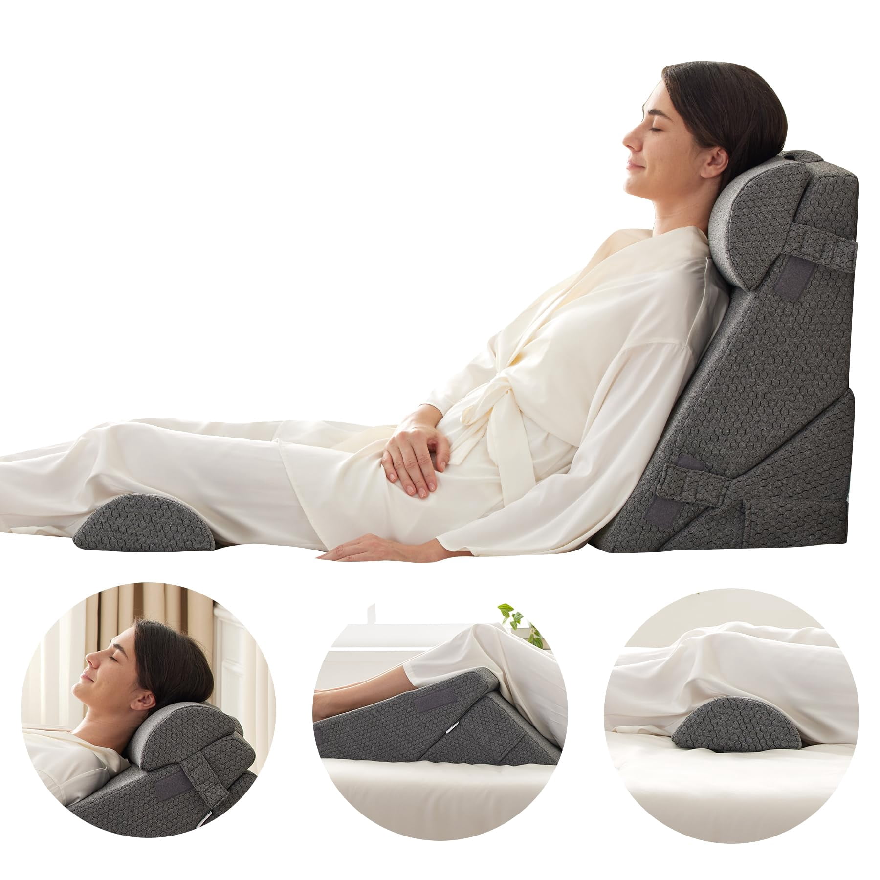 Adjustable 4pcs Bed Wedge Pillow Set  Memory Foam For Neck Leg Sleeping Sitting Up In Acid Reflux And Dark Grey