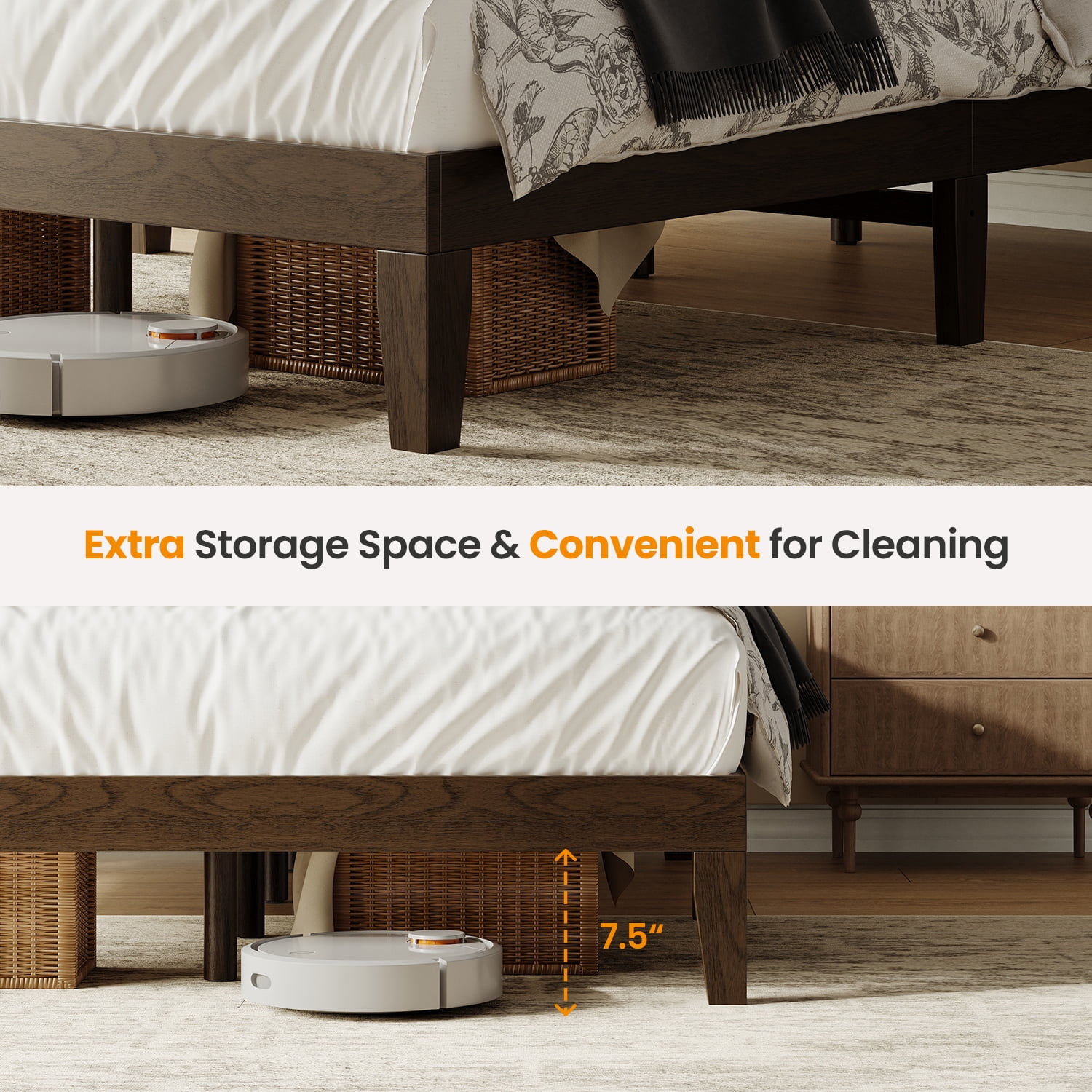 EOP Full Size Bed Frame, Solid Wood Bed Frame with Under Bed Storage, Platform Bed Frame with Wooden Slats, No Box Spring Required, Espresso