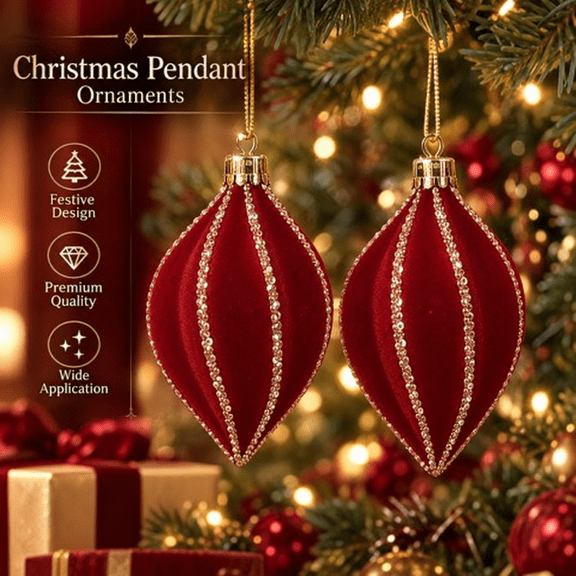 Burgundy Velvet Christmas Ornaments with Gold Glitter Stripes, Set of 2 Teardrop Hanging Decorations for Christmas Tree Decor