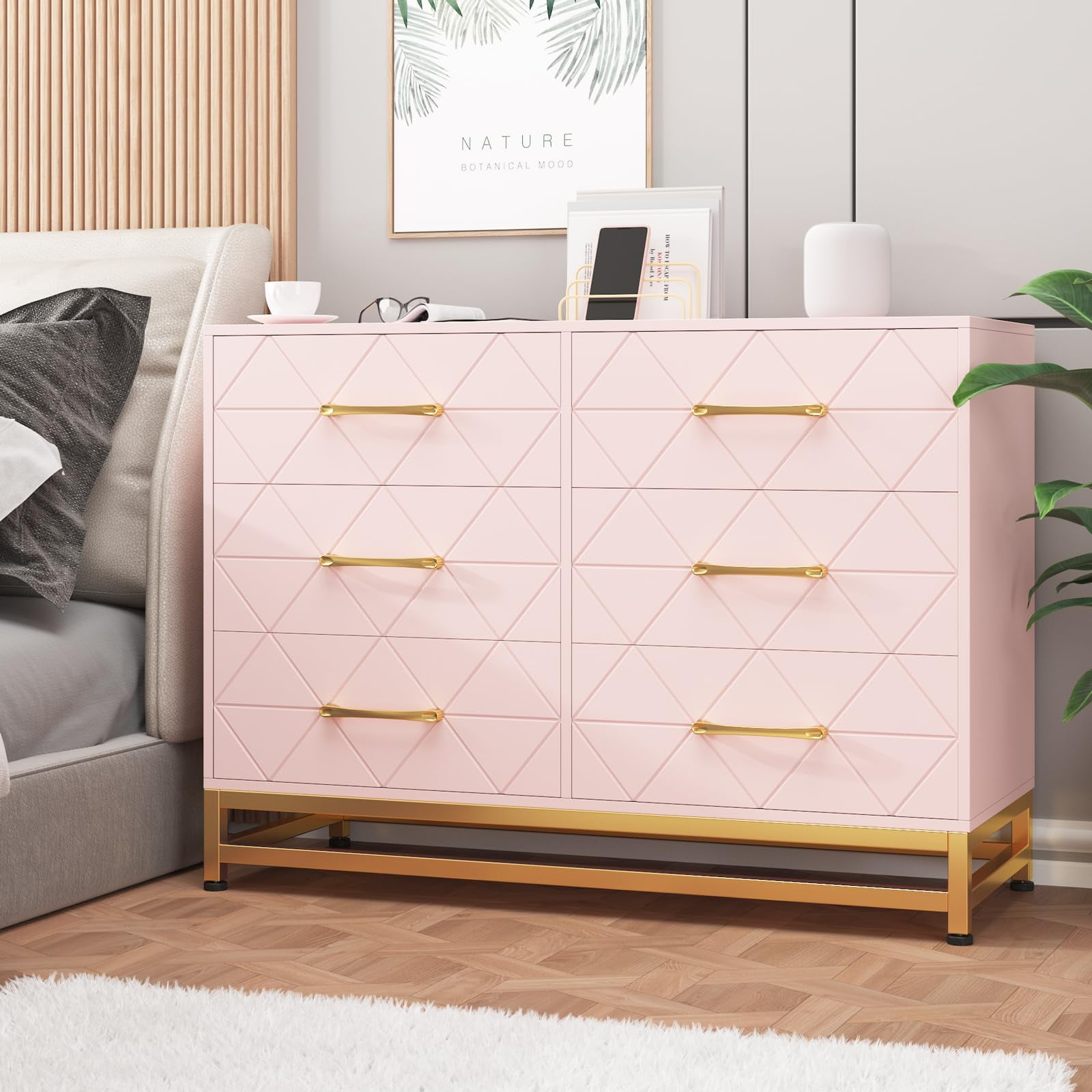 TROPOW Dressers & Chests of Drawers,6 Drawers Dresser for Bedroom, TV Stand Dressers Chest of Drawers for Living Room Hallway Entryway, Pink