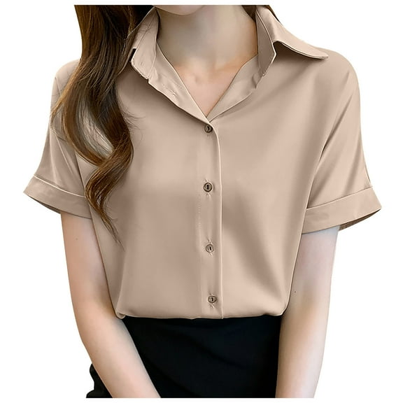 GEWSEY Womens Button Down Shirts Stretch Free Formal Short Sleeve Dress Shirt Summer Work Blouses Business Casual Tops Beige, S