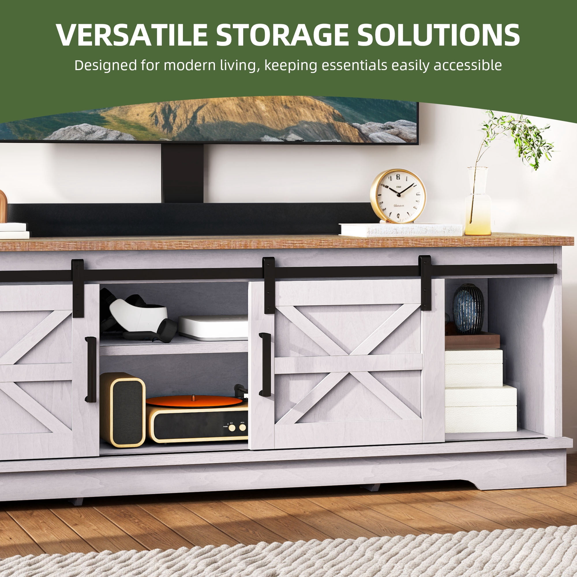 Uforic Farmhouse TV Stand with Mount for 32-70" TVs, Media Console Cabinet with Barn Doors, White