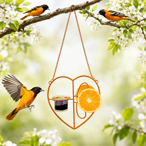 Oriole Bird Feeder for Outdoors Jelly and Oranges, Heart-Shaped Orange Fruit Oriole Jelly Birdfeeder, with Fruit Holder, Outdoor Garden Metal Hanging Drinking JellyContainer Hummingbird Feeder