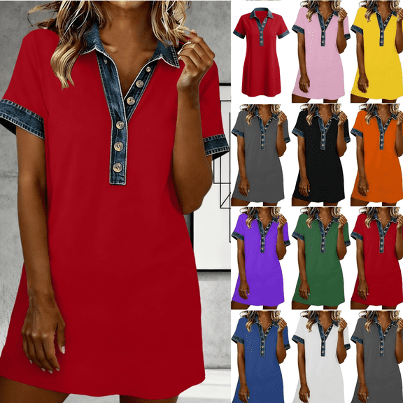 Gamivast Dresses for Women Denim Trim V-Neck Collared Dress Short Sleeve Button Front Loose Fit Shift Mini Dress Casual Tunic Dress with Pockets Red L