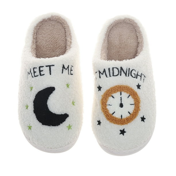 Pantuflas de algodón de invierno, pantuflas unisex de lana de cordero, pantuflas de algodón cálidas para interiores con reloj Moonlight