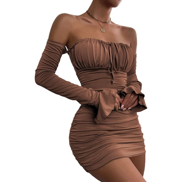 Vestido corto para mujer con hombros descubiertos y fruncido, manga larga con volantes y lazo frontal Marrón café M Marrón café M Xishao ropa