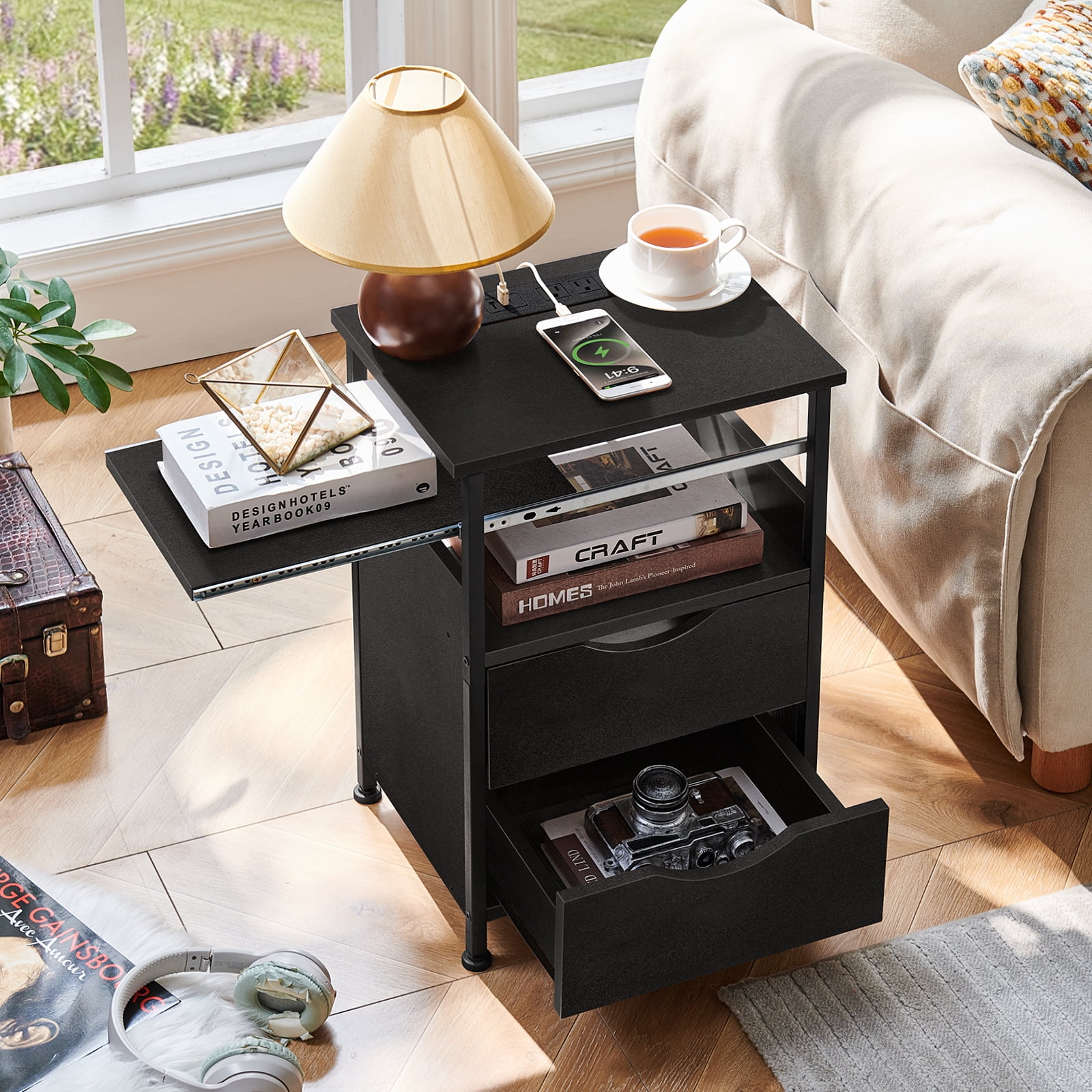 LELELINKY End Table with 2 Drawers Bedside Table with Charging Station & 7 Color LED Light, End Table with Storage Shelf for Living Room, Black