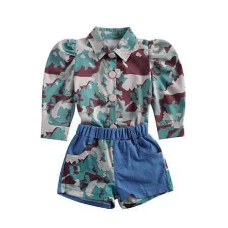 

Kiapeise Little Girls Camouflage Lapel Neck Tops+Elastic Waist Denim Shorts