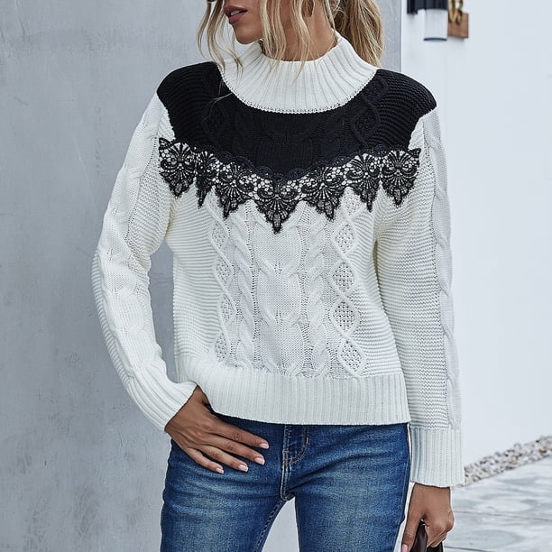 Pntutb Moda Mujer Casual Color sólido Cuello alto Costura de encaje Suéter de manga larga Pntutb Pntutb-4883