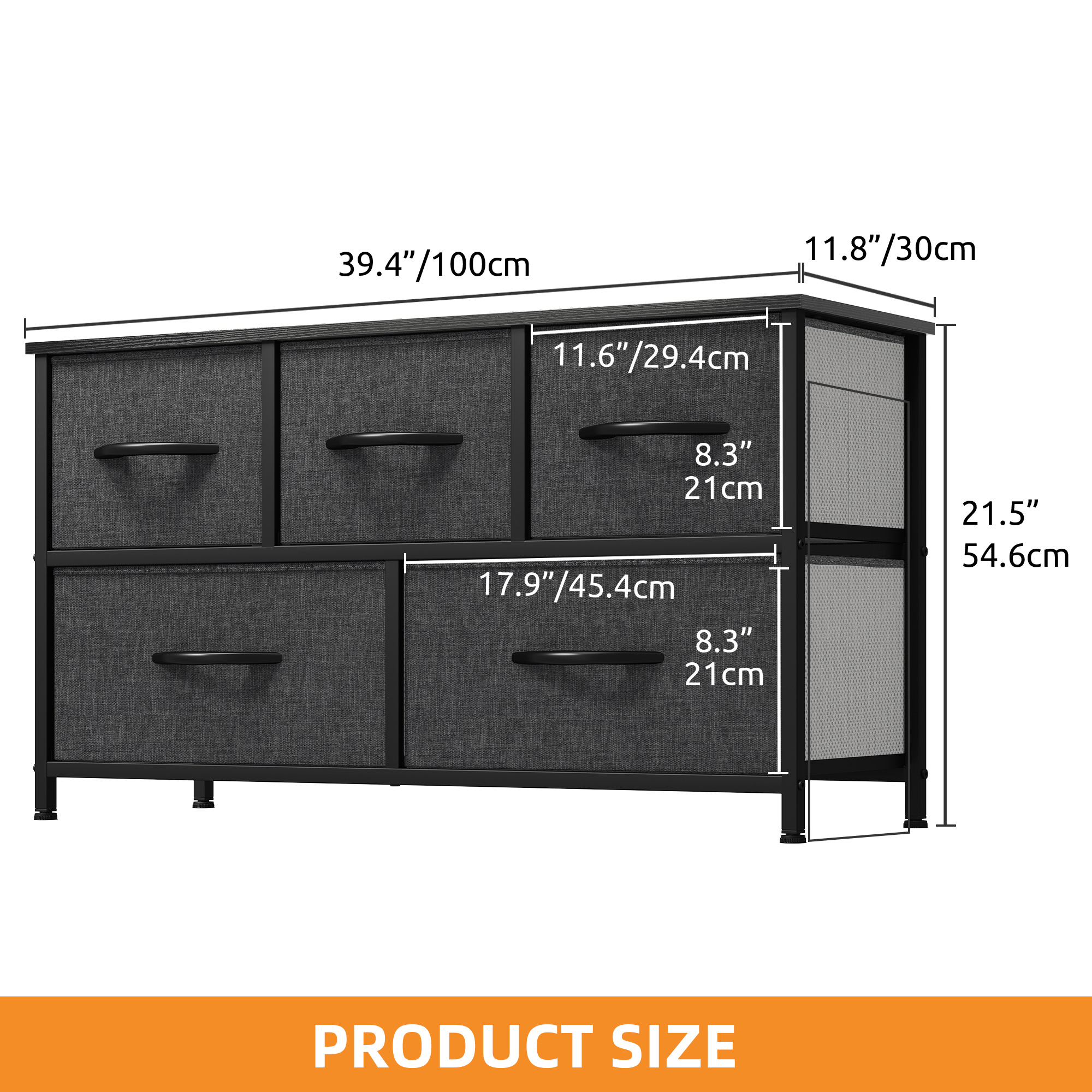 Uforic 5 Drawer Dresser Fabric, Wide Chest Of Drawers With Wood Top for Living Room,,Hallway,Nursery,Black