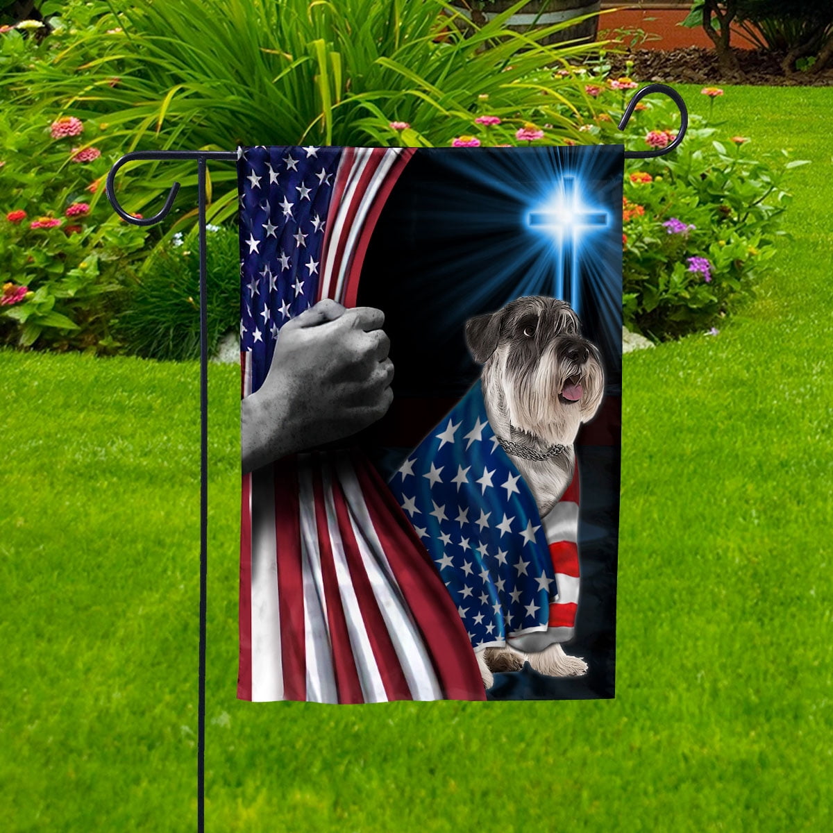 Hand Pulling USA Flag Miniature Schnauzer Dog Wearing Flag American Standing under Cross Christian Patriotic House Flag (3x5) Double Sided- Premium Polyester-Decorative Indoor Outdoor Flag