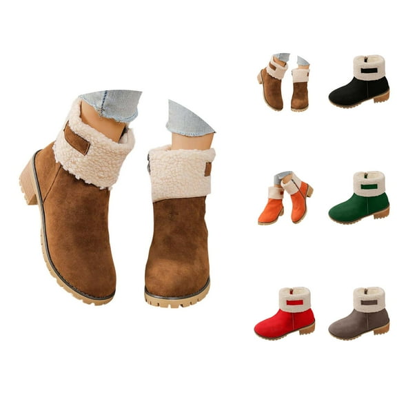Winter Suede Mid Calf Boots for Women, Retro Heeled Ankle Booties with Side Zipper, Warm Comfortable Fall Footwear