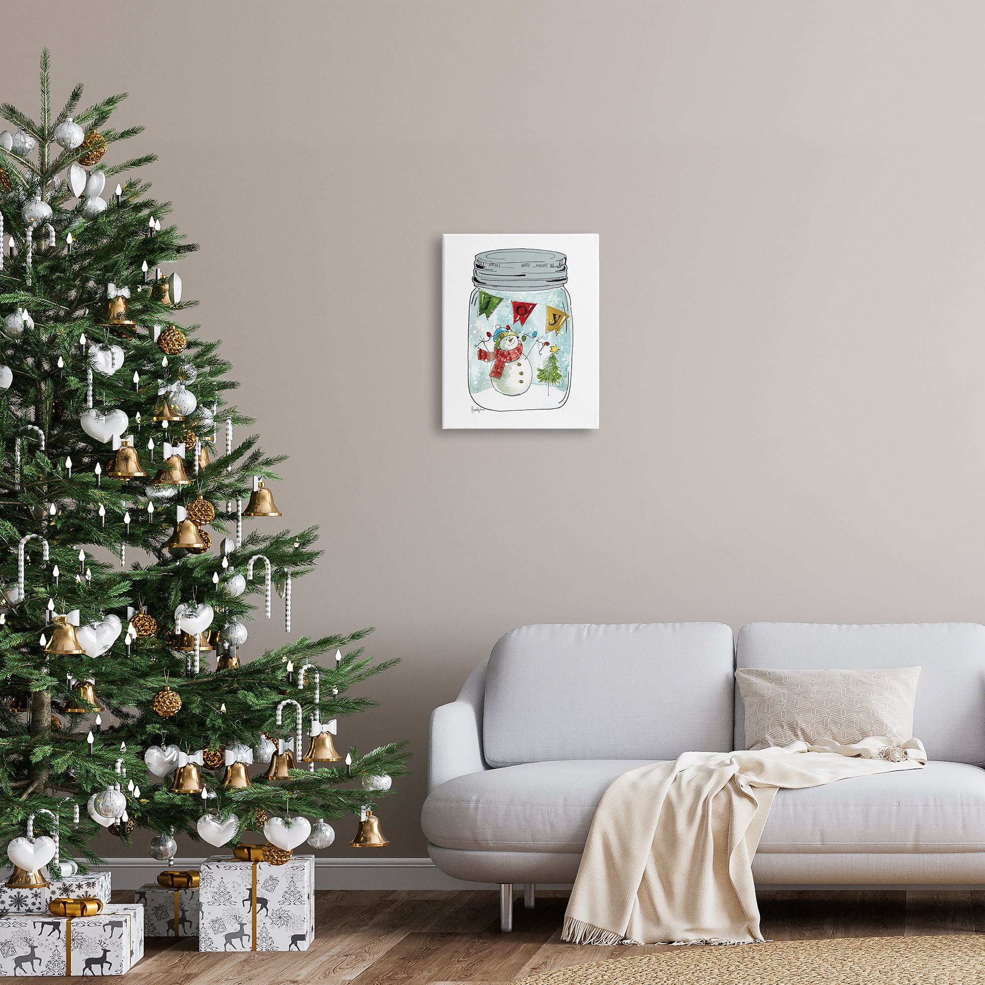 Stupell Industries Joy Text Snowman Christmas Tree Lights Country Jar, 16 x 20, Design by Livi Finn