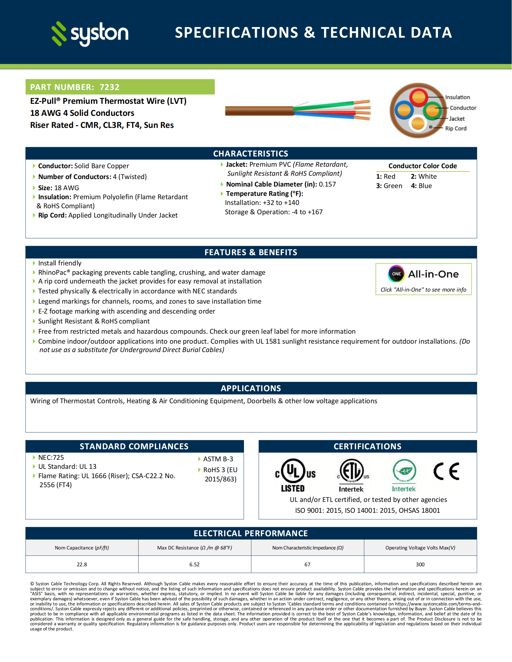 Syston 18/4 Thermostat Doorbell HVAC Heating Control Cable Wire, 18 AWG 4 Conductors 100% Solid Copper Conductors CL3R/FT4/CMR Riser-Rated, UV Resistant RoHS for Low Voltage Applications Use - 50 FT