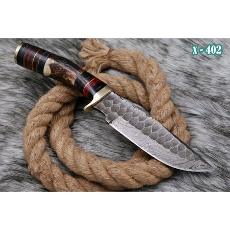 Custom Handmade Damascus Steel Fixed blade knife Original Stag Antler handle Brass Guard