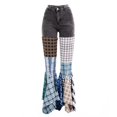 thumbnail image 4 of YDLCAFD Women High Waist Patchwork Flare Jeans Plaid Bottom Ruffle Hem Denim Long Pants Trousers S, 4 of 6